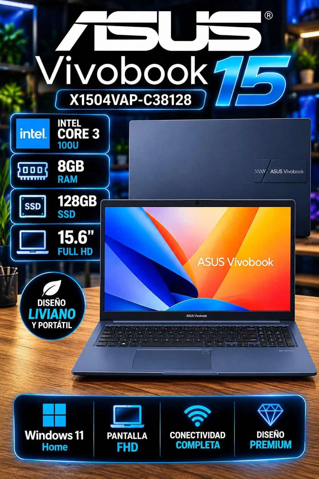 Notebook ASUS Vivobook 15 Intel Core 3 100U 8/128GB 