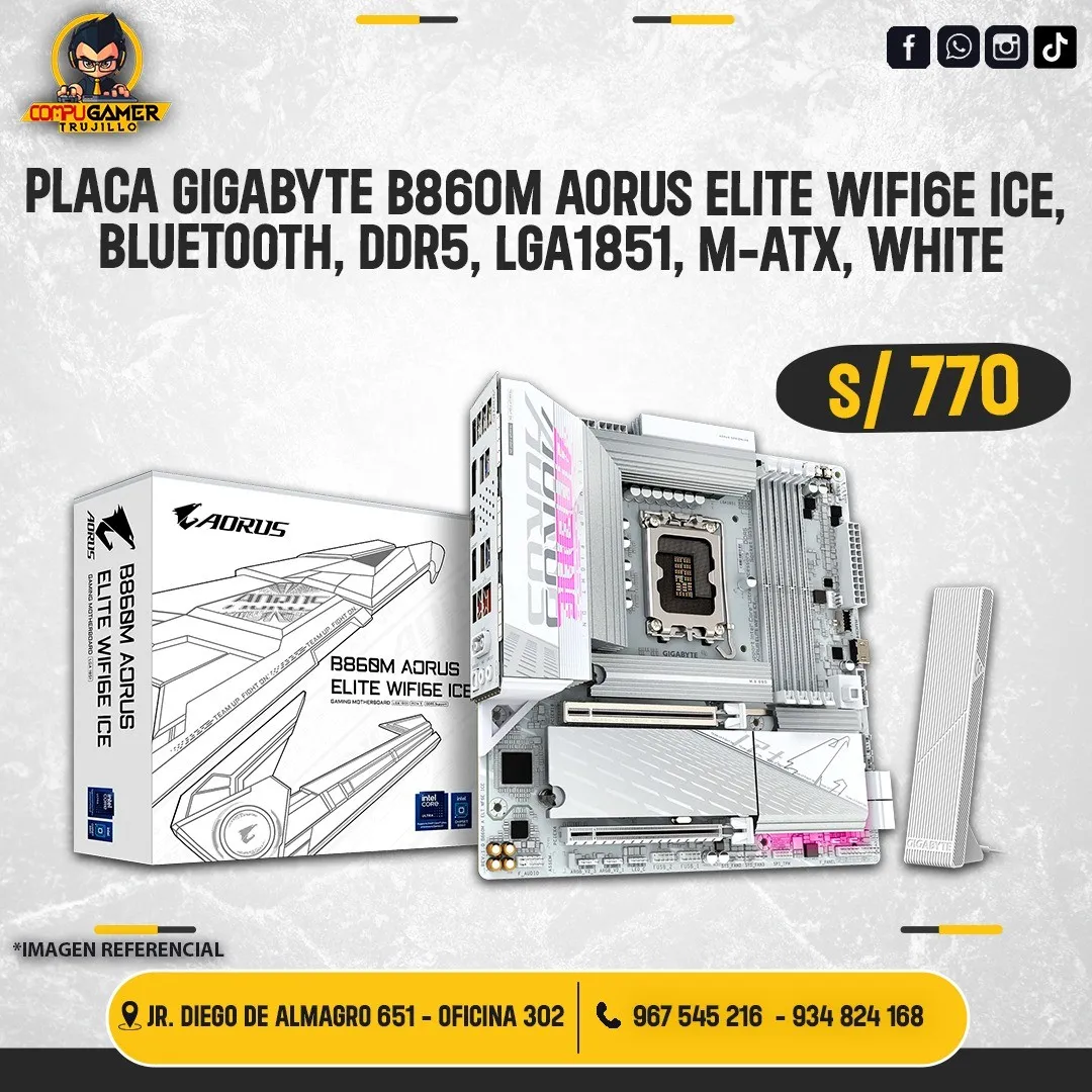 PLACA GIGABYTE B860 AORUS ELITE WIFI6E ICE, BLUETOOTH, DDR5, LGA1851, M-ATX, WHITE 