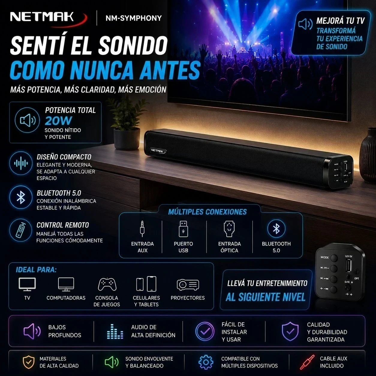 BARRA DE SONIDO NETMAK 2 x 2" 30W