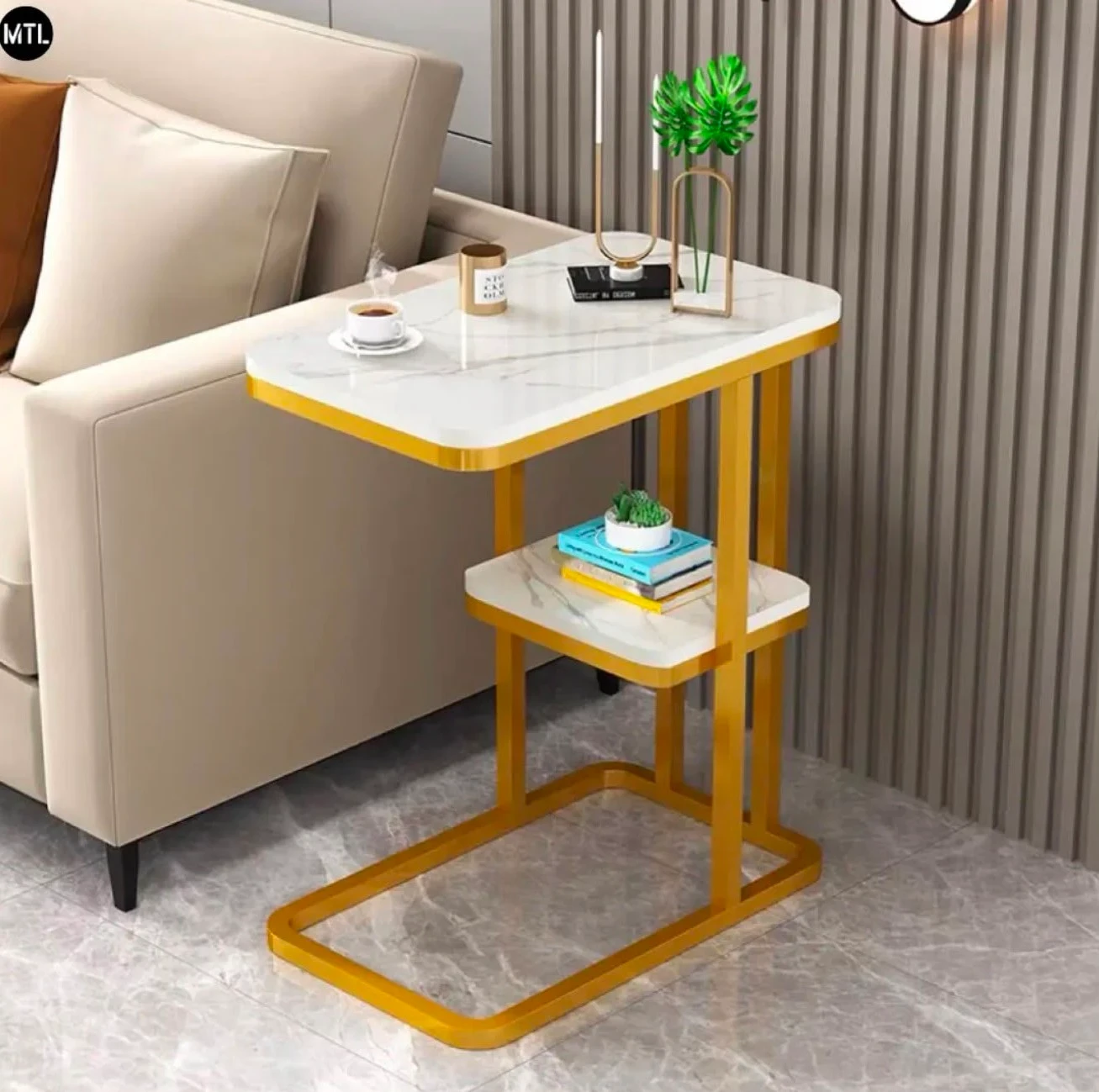 Mesa Multifuncional Mtl Auxiliar Con Tapa De Diseño Mármol 2 Niveles Estructura Metálica*