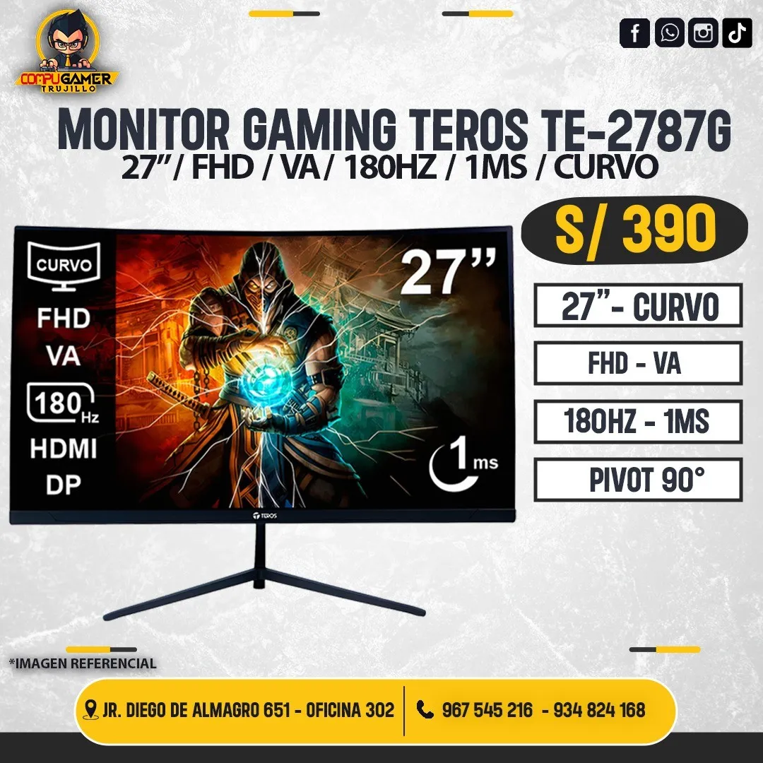 MONITOR GAMING TEROS TE-2787G, 27", FHD, VA, 180HZ, 1MS, CURVO 