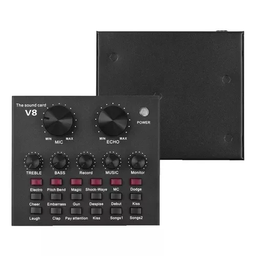 Interface tarjeta consola de sonido V8 podcast  PEDIDOS: 69442828 CONSOLA V8 Audio Externo USB Auricular para Micrófono Transmisión en vivo Tarjeta de sonido para teléfono móvil Computadora PC Característica: 1. 112 tipos de sonido eléctrico, 18 tipos de efectos de sonido, 6 tipos de modos de efectos. 2. Ajuste de tamaño de reverberación, ajuste de volumen del micrófono, ajuste de graves altos, control de volumen de grabación, control de volumen de música, control de volumen de monitoreo (función de auricular). 3. Admite el uso de la computadora del teléfono móvil, admite el uso de un solo auricular. 4. 7 tipos de métodos de conexión: un teléfono celular K canción en vivo, doble teléfono celular en vivo, tres teléfonos móviles en vivo, teléfono móvil computadora en vivo sincrónico, una computadora en vivo, acompañamiento de computadora teléfono celular en vivo, entrada de instrumento teléfono celular en vivo.  5. Función de Bluetooth.  Especificación: Batería: batería recargable de iones de litio Material: metal De color negro Tamaño del producto: 125x105x25 mm / 4.92x4.13x0.98 '' Peso: 467g  Nota: Puede haber una diferencia de 1 a 3 mm debido a la medición manual. Debido a las diferentes pantallas y luces, es posible que la imagen no muestre el color real del artículo. Gracias por su comprensión.  Paquete incluido:  1 x tarjeta de sonido 2 x cables de audio 1 x cable USB 1 x manual de usuario en inglés 5