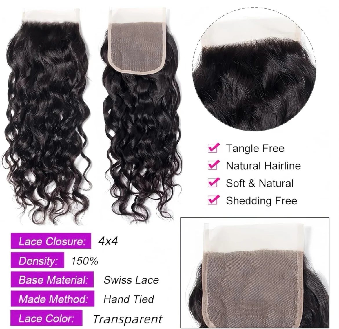 Extensiones rizadas con cierre de parte media (50g x paquete) con cierre de encaje en T, paquetes húmedos y ondulados brasileños con cierre (10/10/10/10+10  3