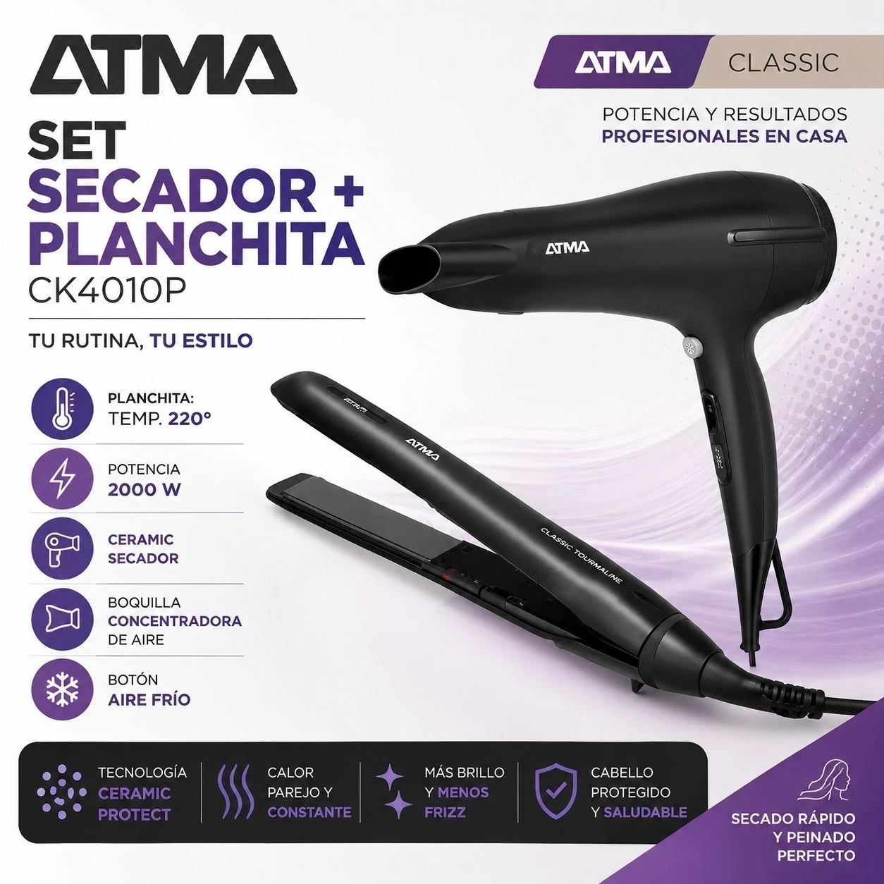 COMBO SECADOR + PLANCHITA ATMA HOME SALON 