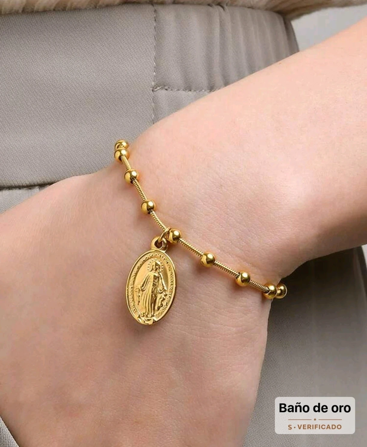 Pulsera de Acero Inoxidable con Baño de Oro - Virgen Maria