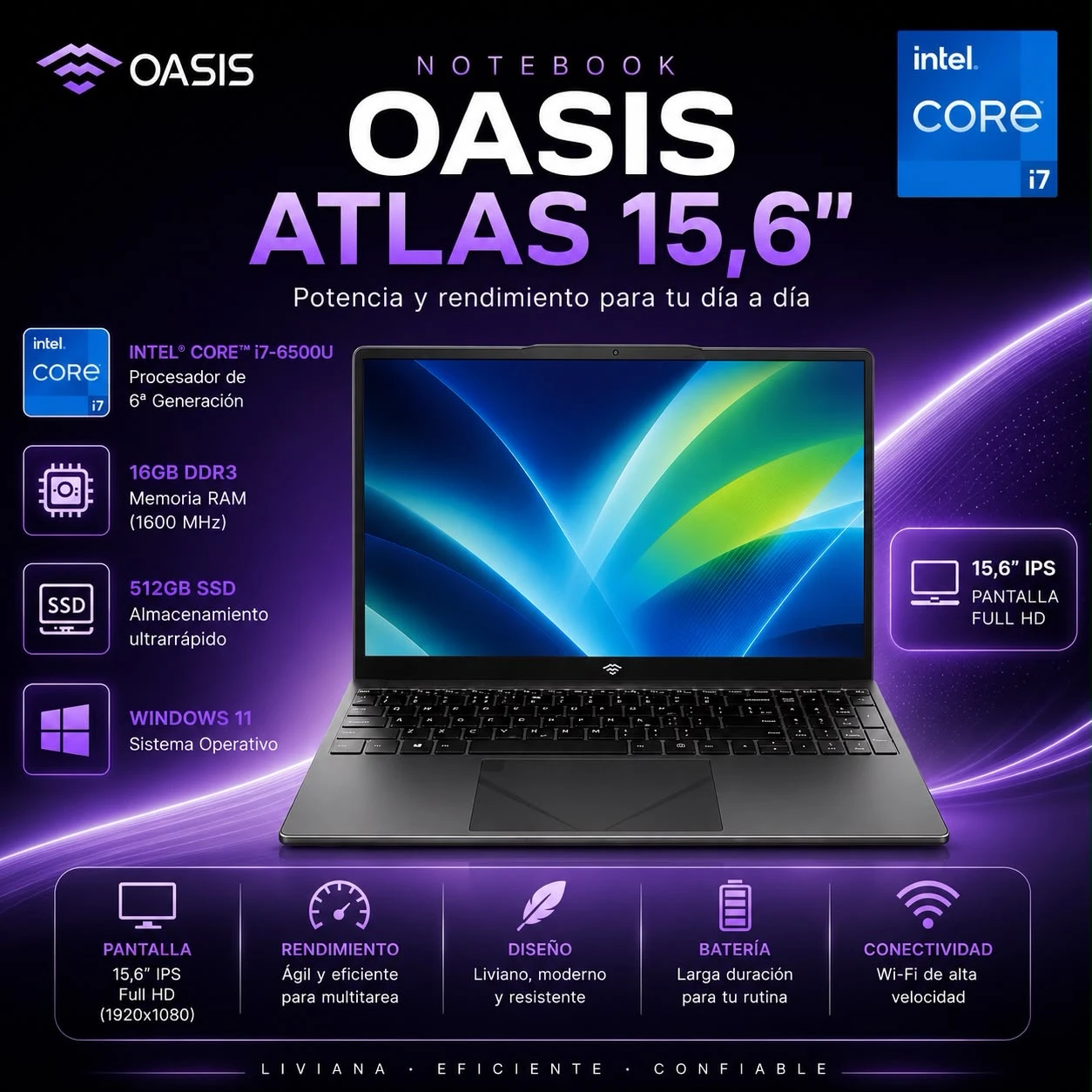 NOTEBOOK OASIS INTEL I7 6500U PANTALLA 15,6" / 16GB RAM / 512SSD / WINDOWS 11