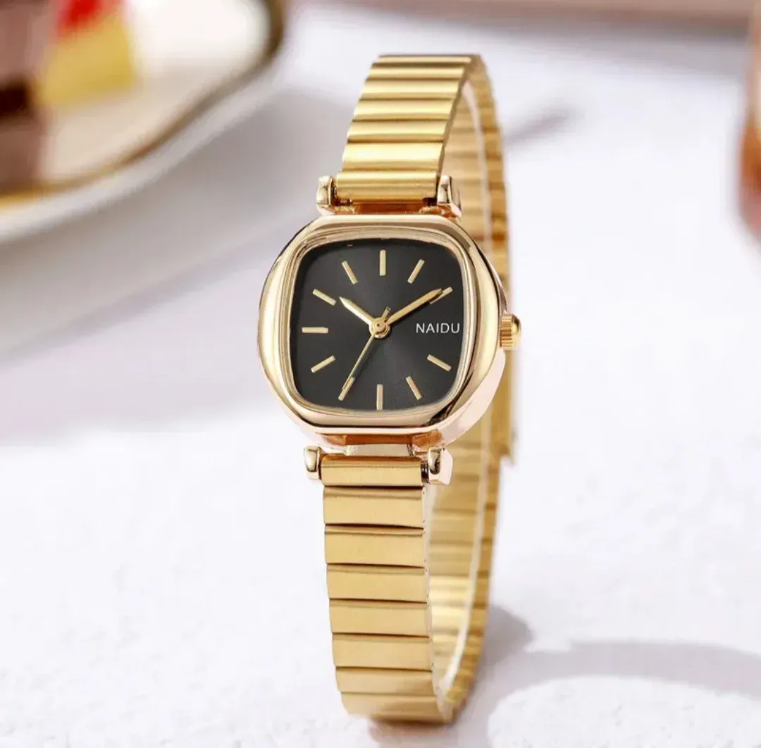 Reloj Naidu Original Acero Análogo Cuadrado Dorado Fondo Negro