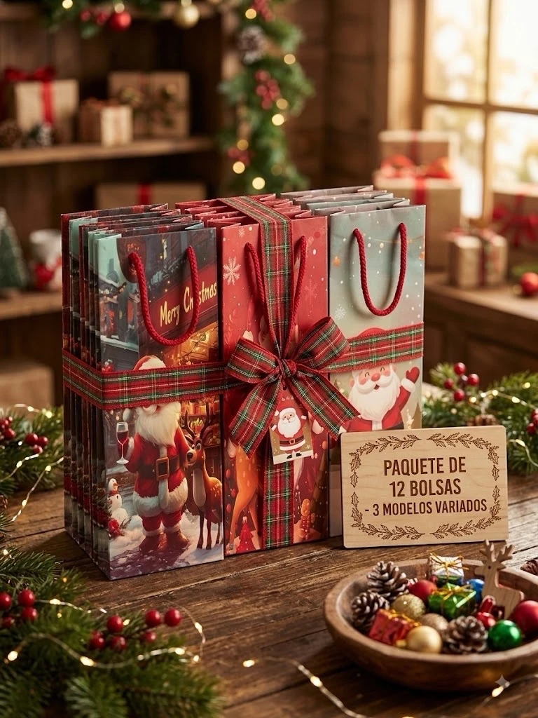 PAQUETE DE 12 BOLSAS NAVIDEÑAS LARGAS DE CARTON  2