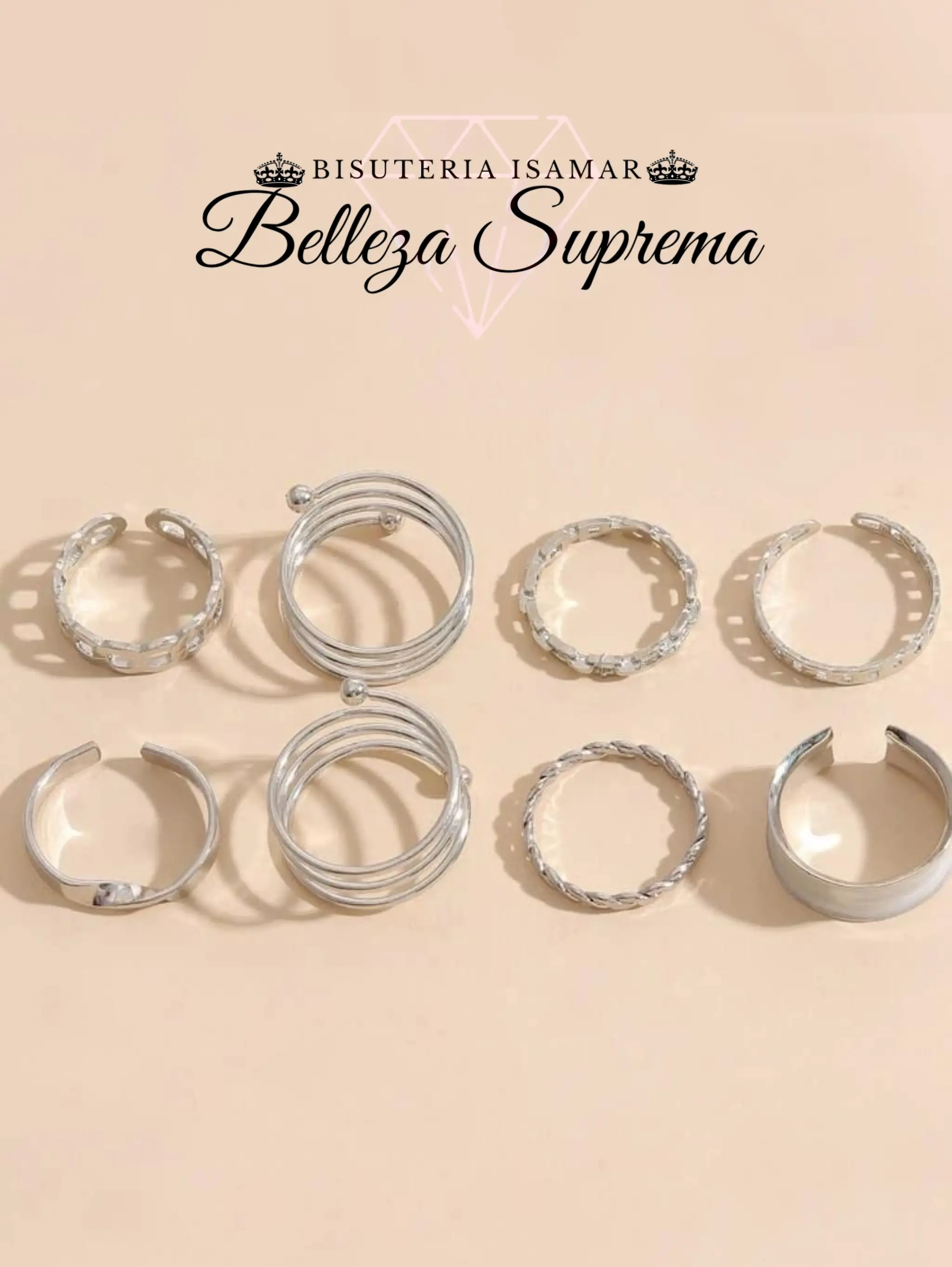 SET DE 8 ANILLOS PLATEADO BRILLANTE 2