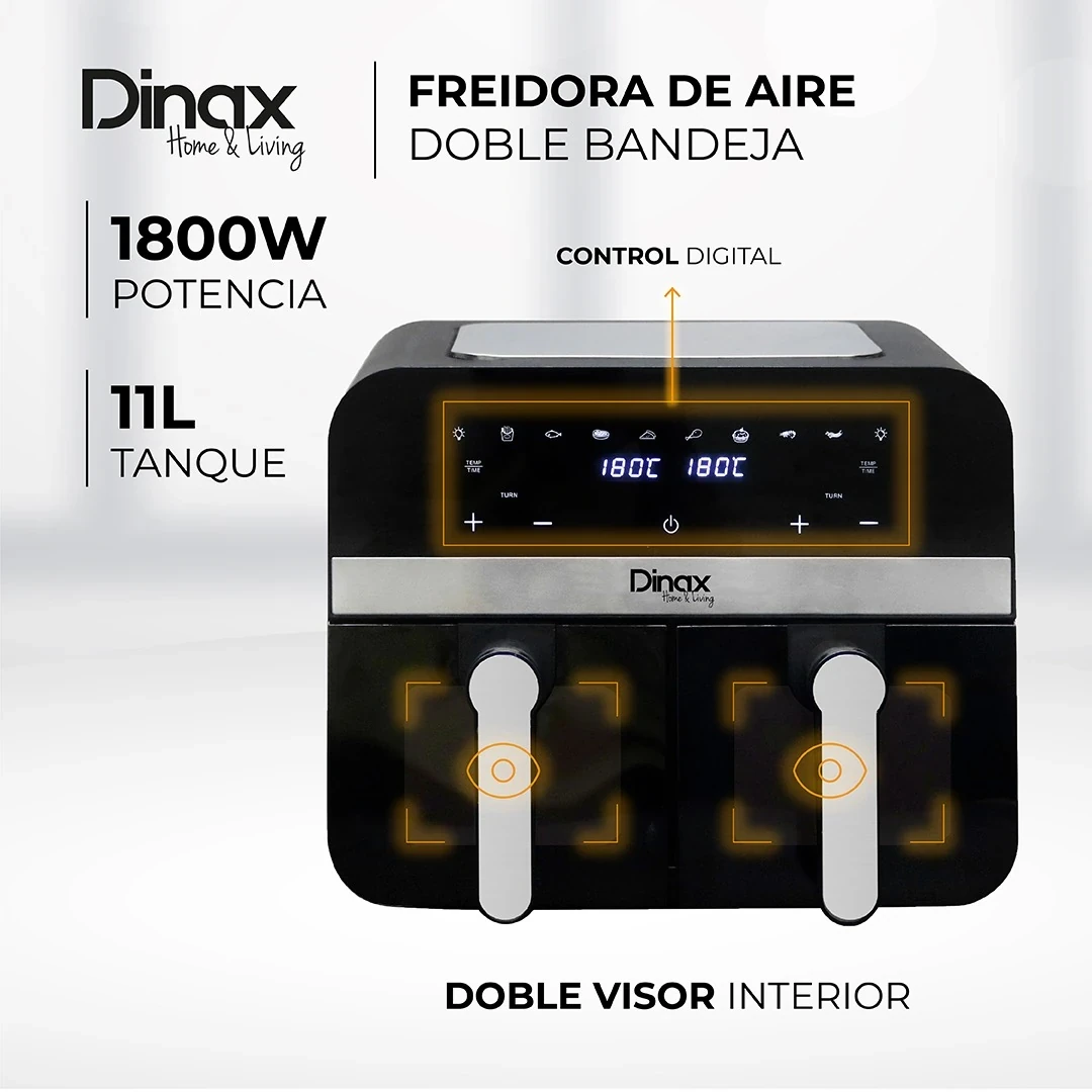 Freidora De Aire Dinax Doble Ventana Antiadherente 11 Litros 1800w