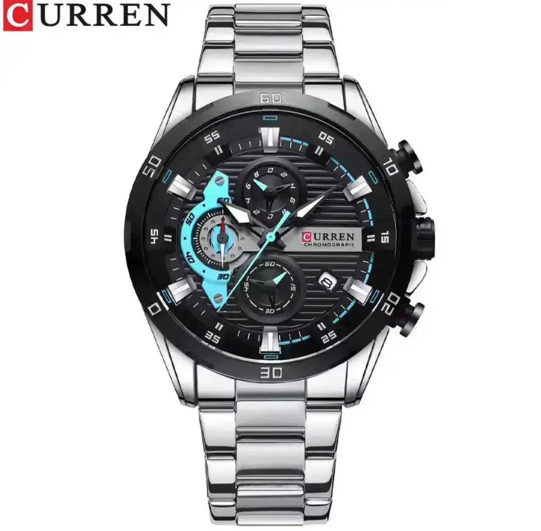 Reloj Curren Original Acero Cronografo 8402 Plateado Fondo Negro Detalles Azul Cielo 2