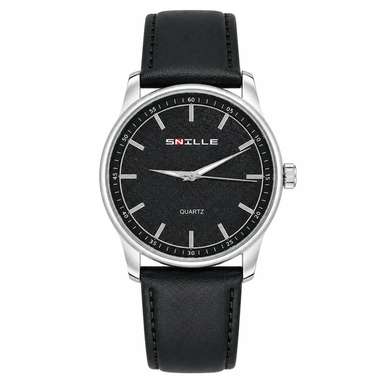 Reloj Snille Original Pulso Tipo Cuero Análogo Plateado Negro