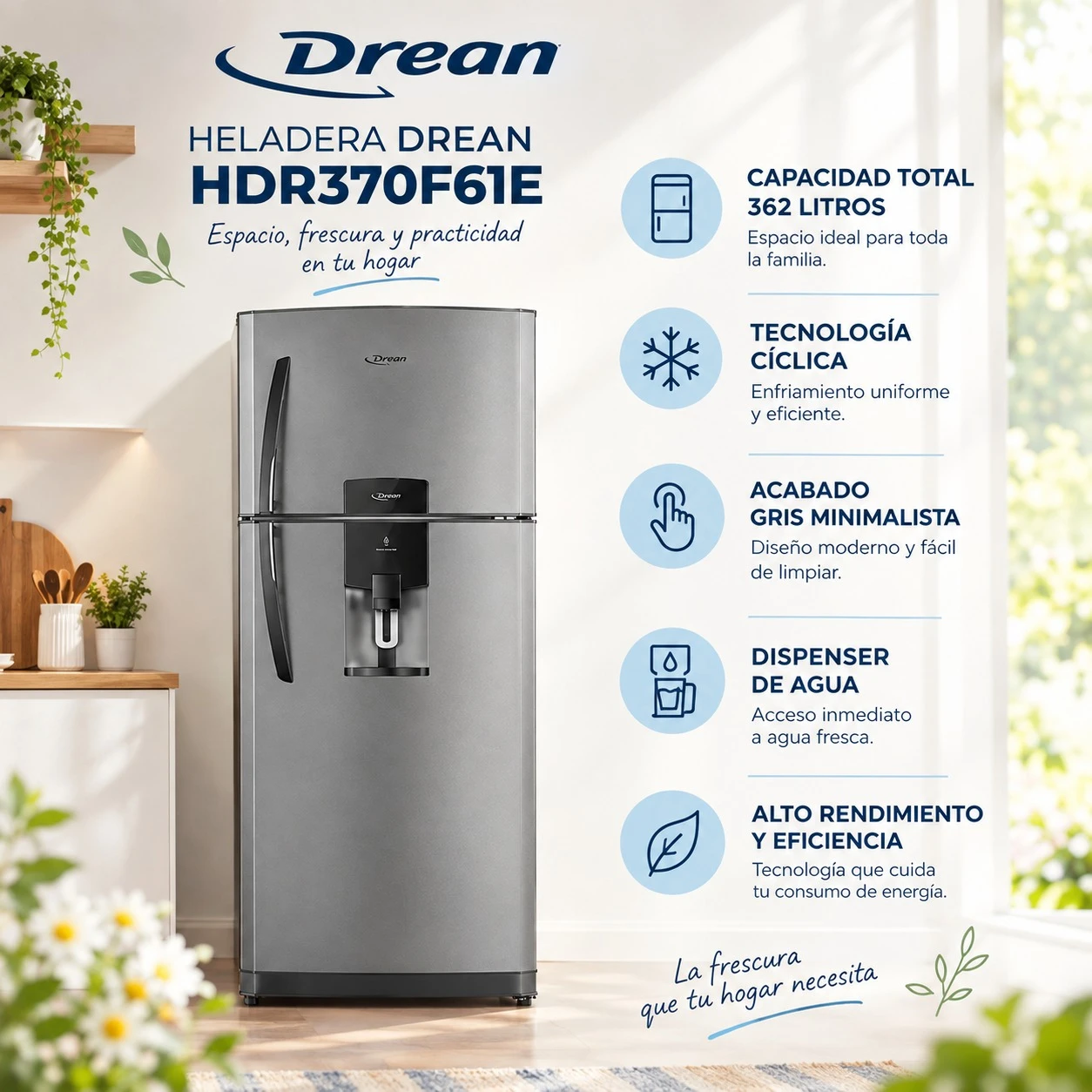 HELADERA DREAN HDR370F61E 362 LTS CÍCLICA GRIS CON DISPENSER