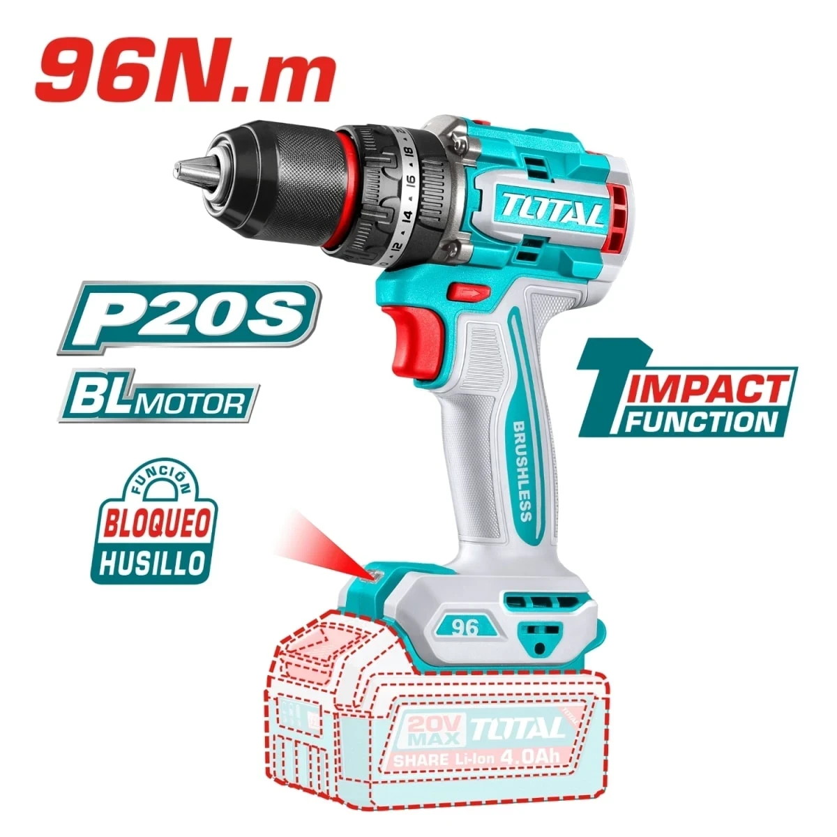 TIDLI209681 Taladro percutor 96nm 20v industrial (cabezal solo) total