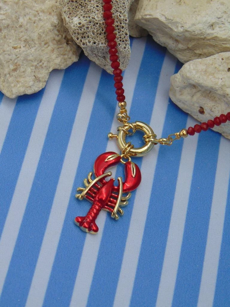 CHOKER ACERO DOR MURANO ROJO DIJE CANGREJO BROCHE MARINERO