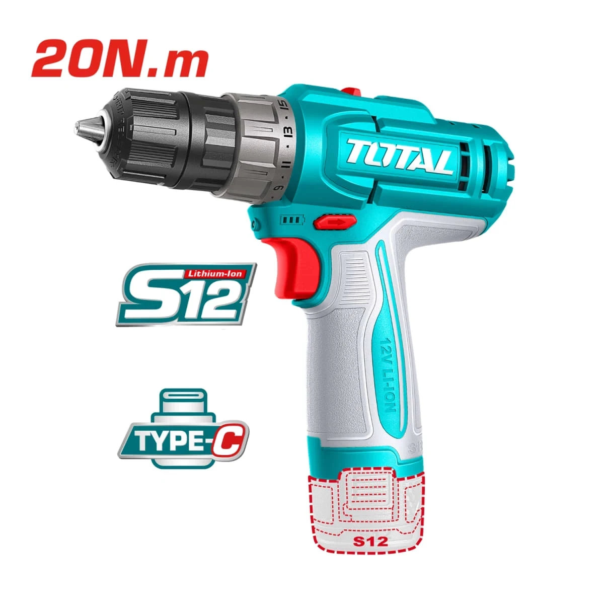 TDLI12206 Taladro atornillador 12v 20nm + 2 batería tipo c total 2