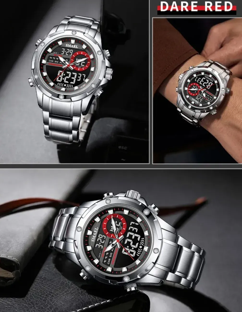 Reloj Smael Original Acero Doble Hora 6050 Sumergible Plateado Fondo Negro Detalles Rojos 3