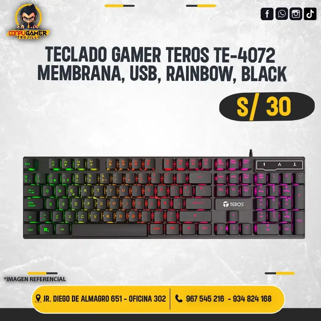 TECLADO GAMER TEROS TE-4072 MEMBRANA, RAINBOW, BLACK