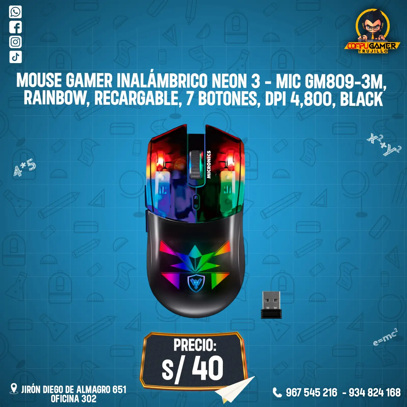 MOUSE INALÁMBRICO GAMER MICRONICS NEON 3 GM809-3M RGB BLACK 