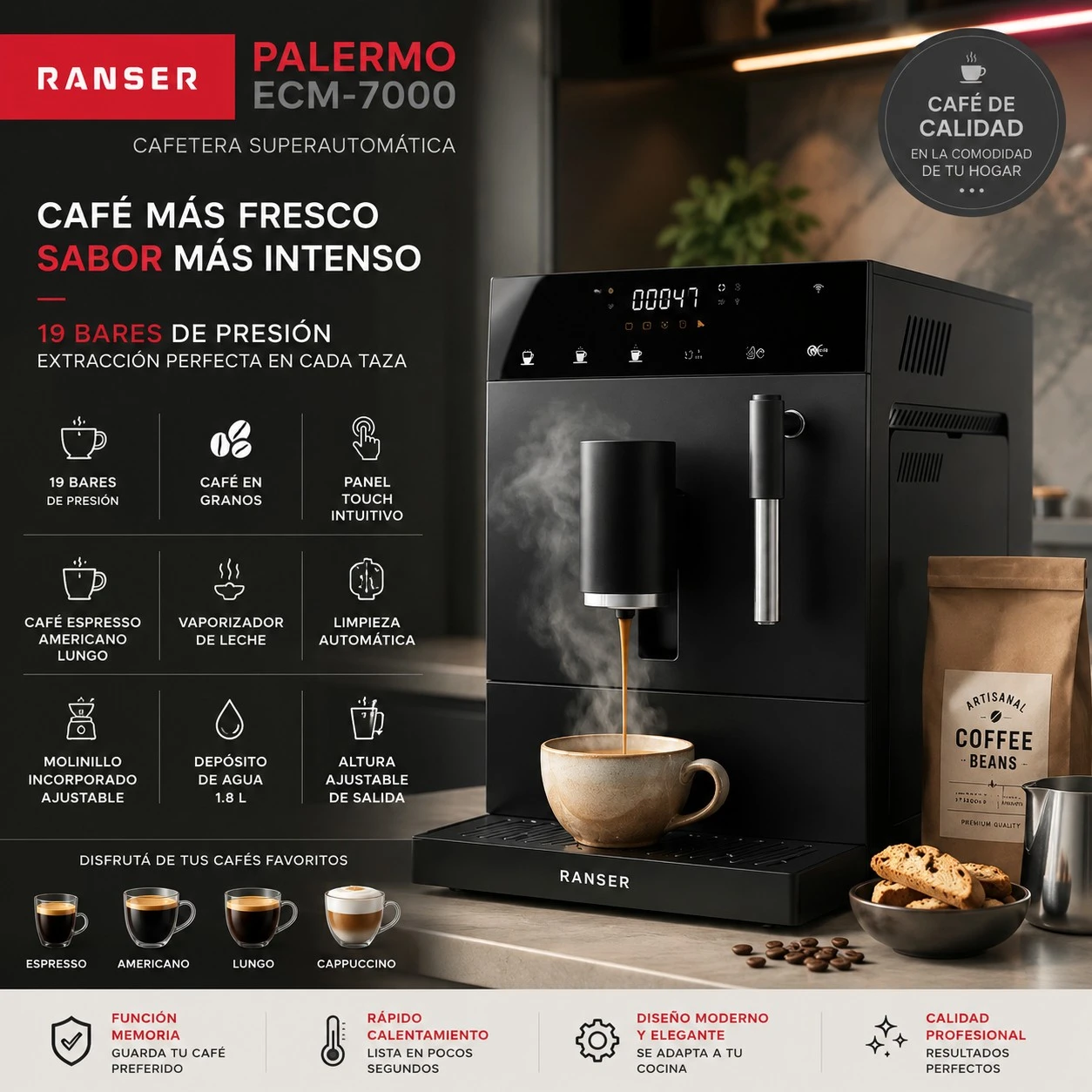 CAFETERA SUPERAUTOMÁTICA RANSER PALERMO ECM-7000 19 BARES ‼️SOLO POR PEDIDOS ‼️ 