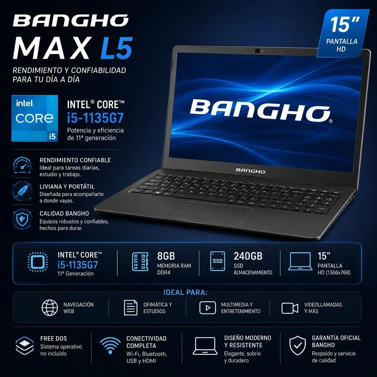 Notebook Bangho Max L5 Ci5 Free Dos 1135g7 8gb 240gb Ssd 15