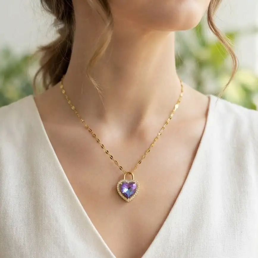 Cadena Y Dije En Acero Con Piedra Circon De Corazon Lila 2