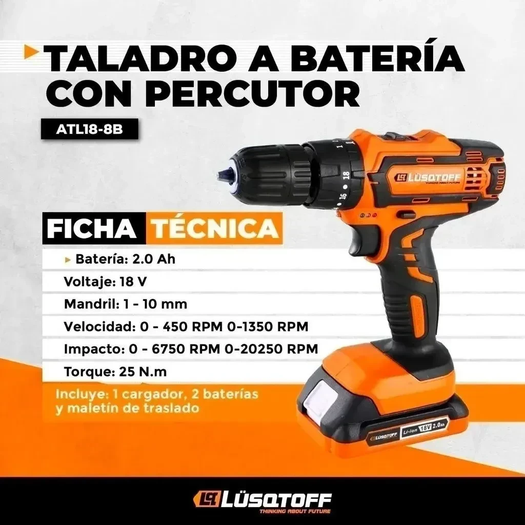 Taladro Atornillador Percutor Lusqtoff 18v 2 Bat + Puntas