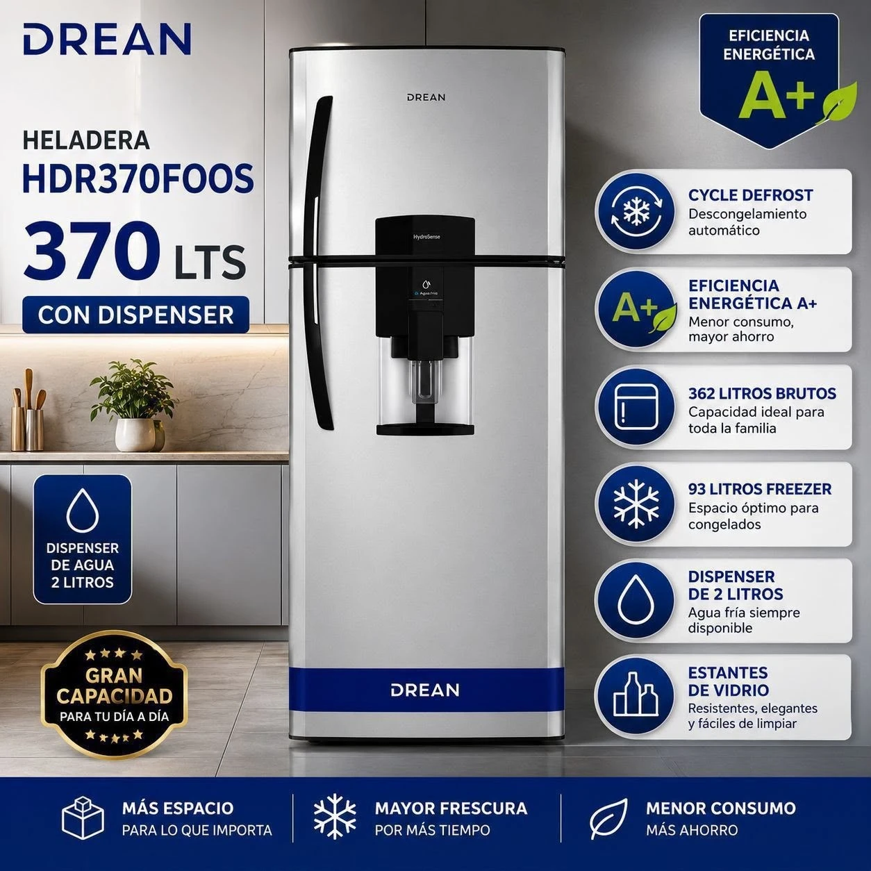HELADERA DREAN HDR370 C/DISP 362LTS CICLICA GRIS