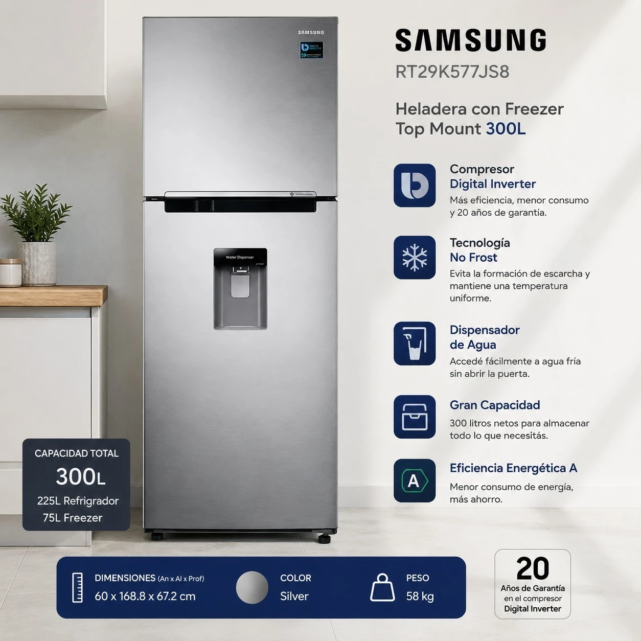 HELADERA SAMSUNG RT29K577JS8 300 LTS NO FROST CON DISPENSER SILVER 