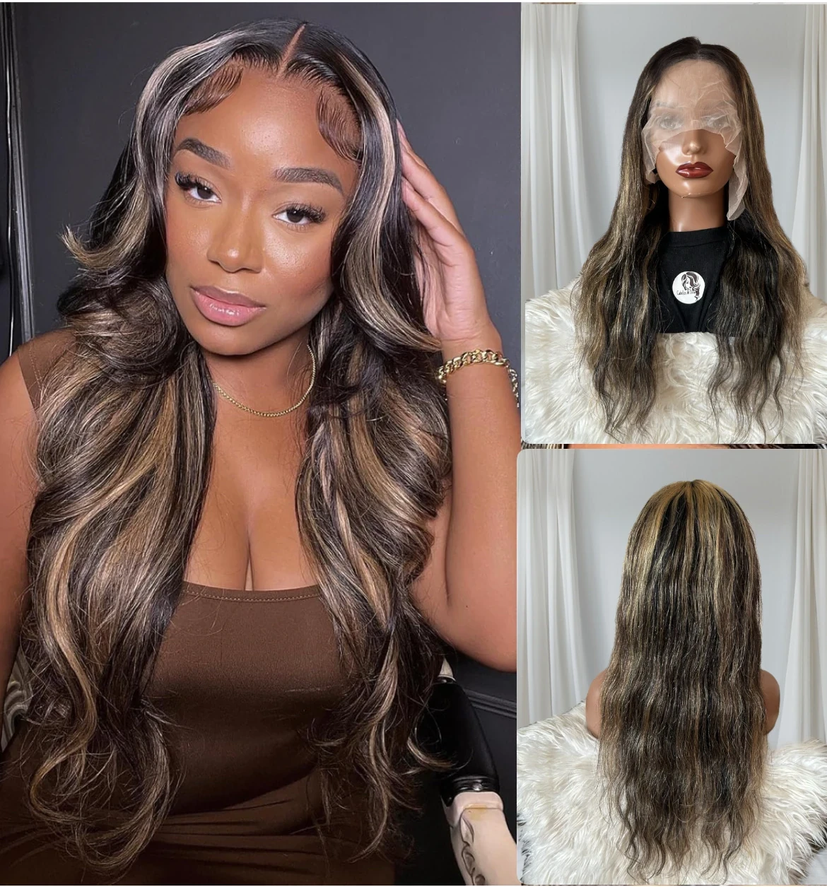 Pelucas de cabello humano ondulado con encaje frontal de 24 pulgadas, 1B/27, 13x6, balayage, con reflejos degradados, color rubio miel