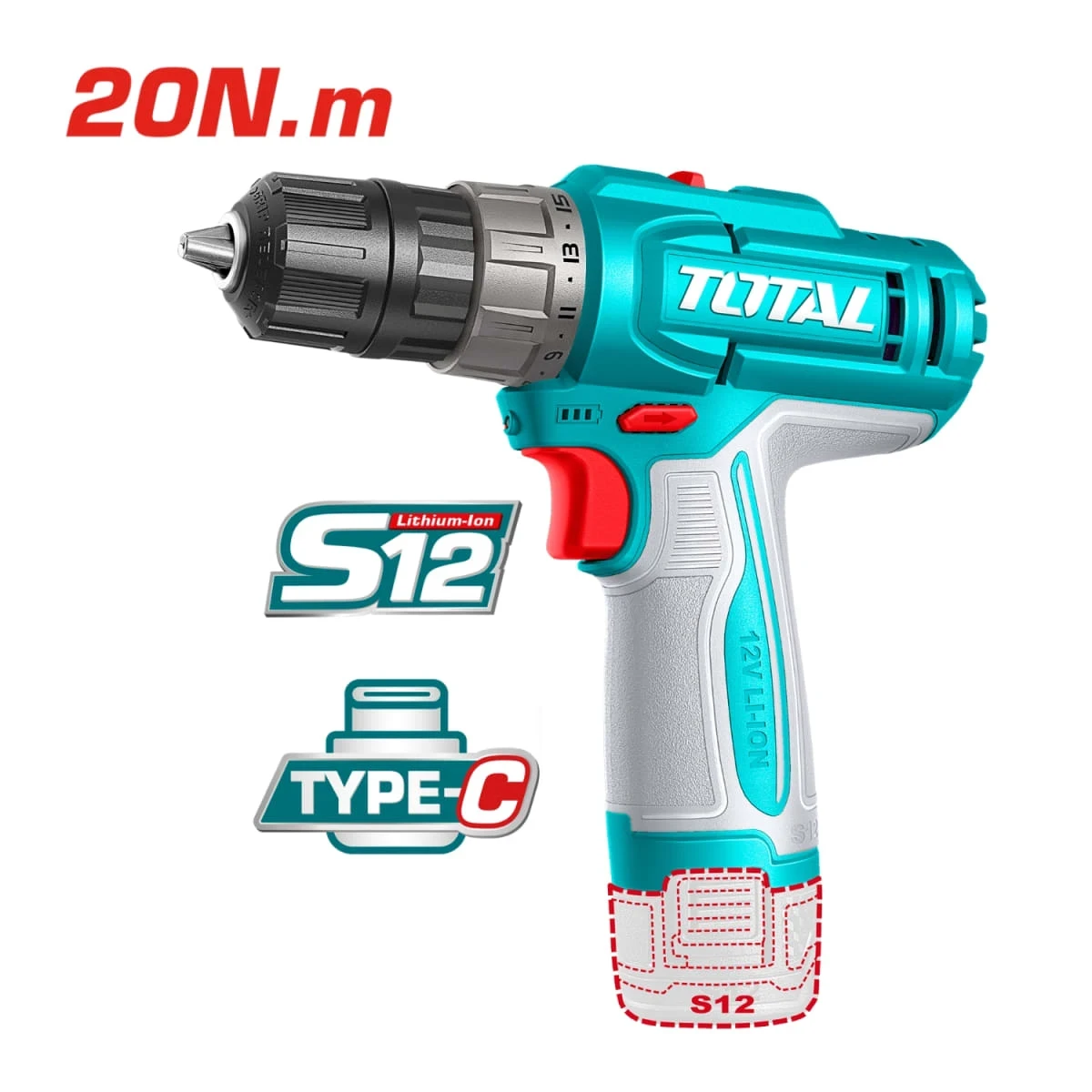 TDLI122061 Taladro atornillador 12v 20nm + batería tipo c mango ergonomico total 2
