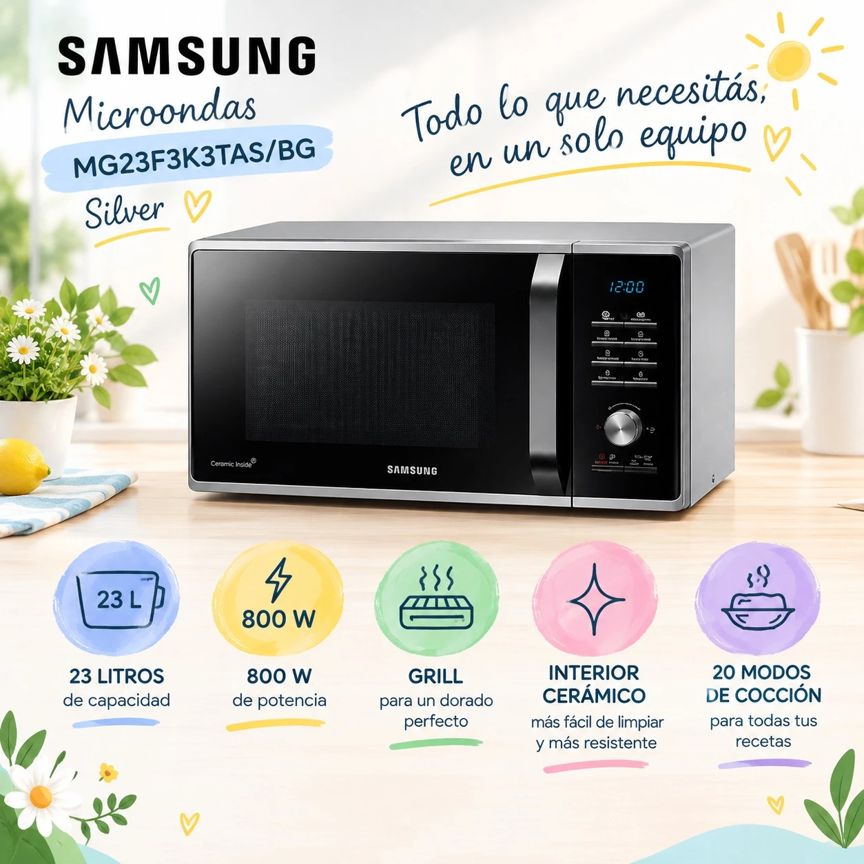 MICROONDAS SAMSUNG MG23F3K3TAS/BG SILVER 23 LTS
