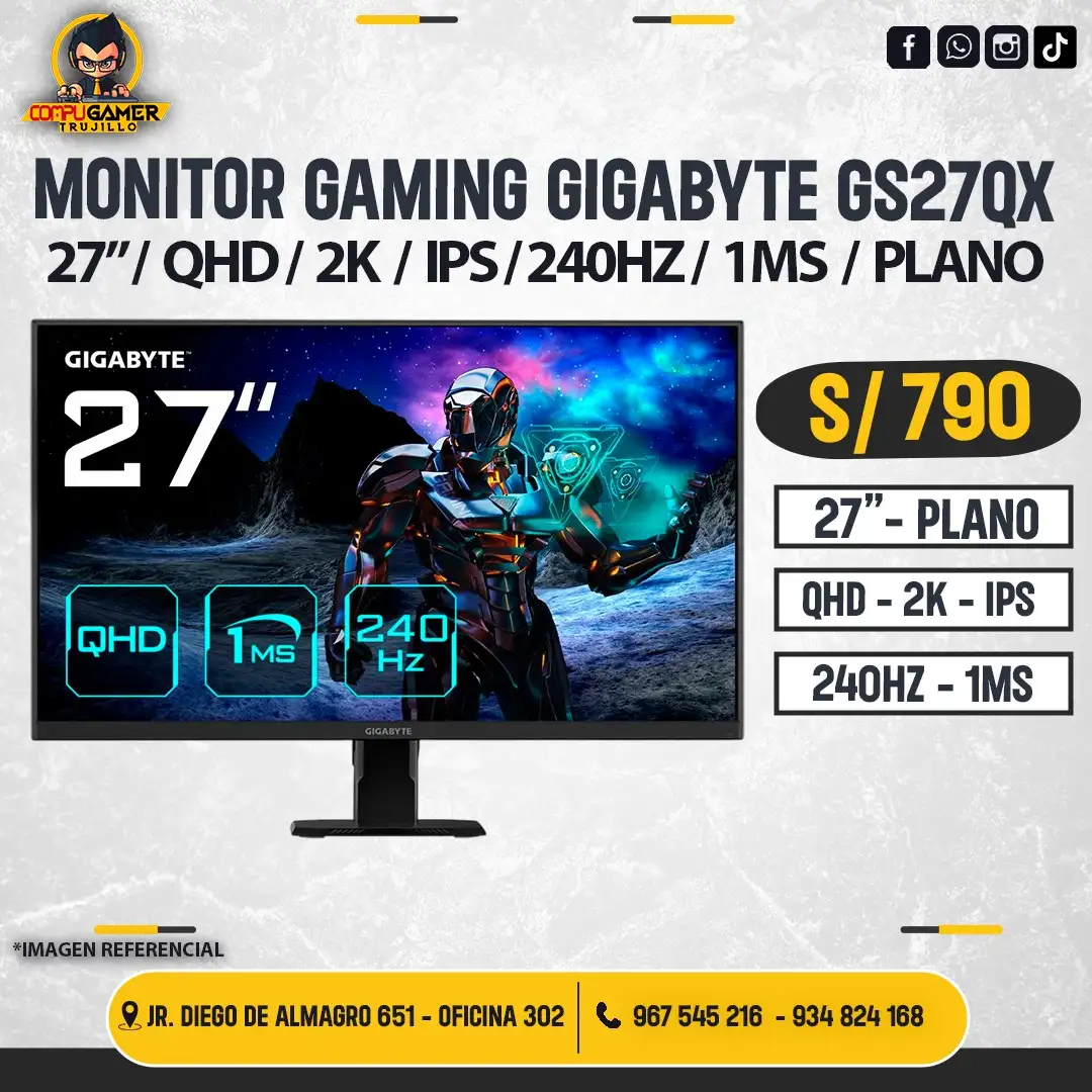MONITOR GAMING GIGABYTE GS27QX, 27", QHD, 2K, IPS, 240HZ, 1MS, PLANO