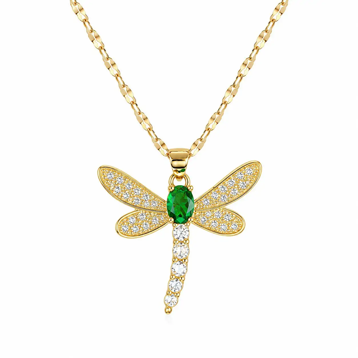 Cadena Y Dije En Acero Con Piedra Circon De Libelula Blanca Verde Esmeralda 