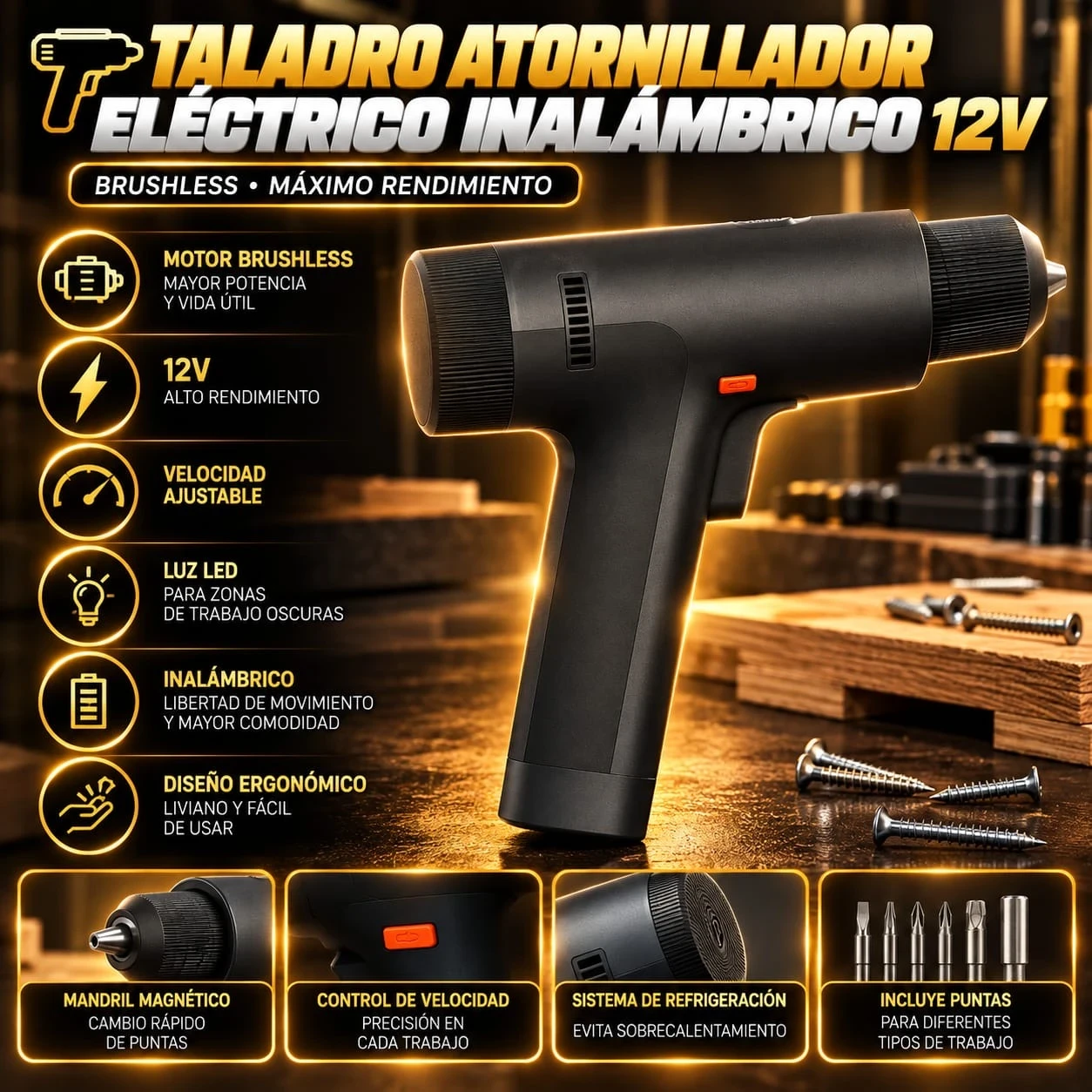 TALADRO ATORNILLADOR ELÉCTRICO INALÁMBRICO 12V