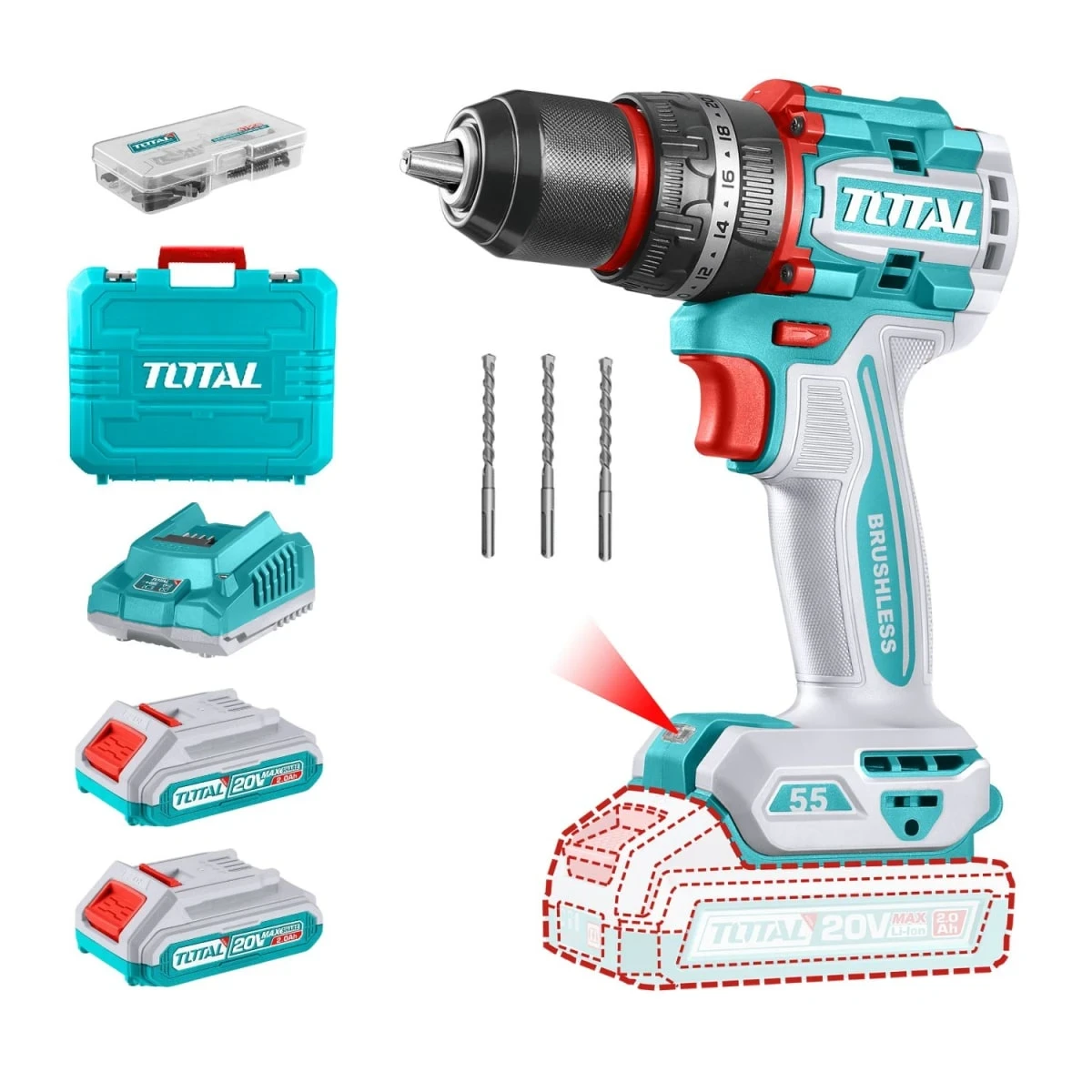 TIDLI20558 Taladro percutor 55nm + 2 baterías y cargador total 2