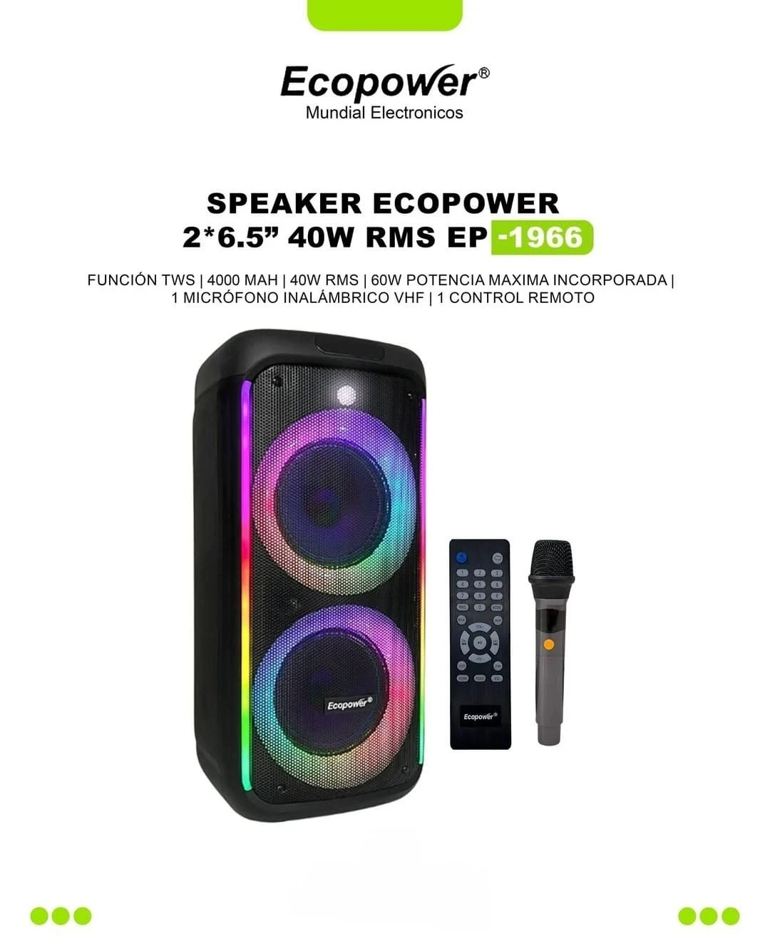 PARLANTE ECOPOWER 2X6.5" C/KARAOKE 
