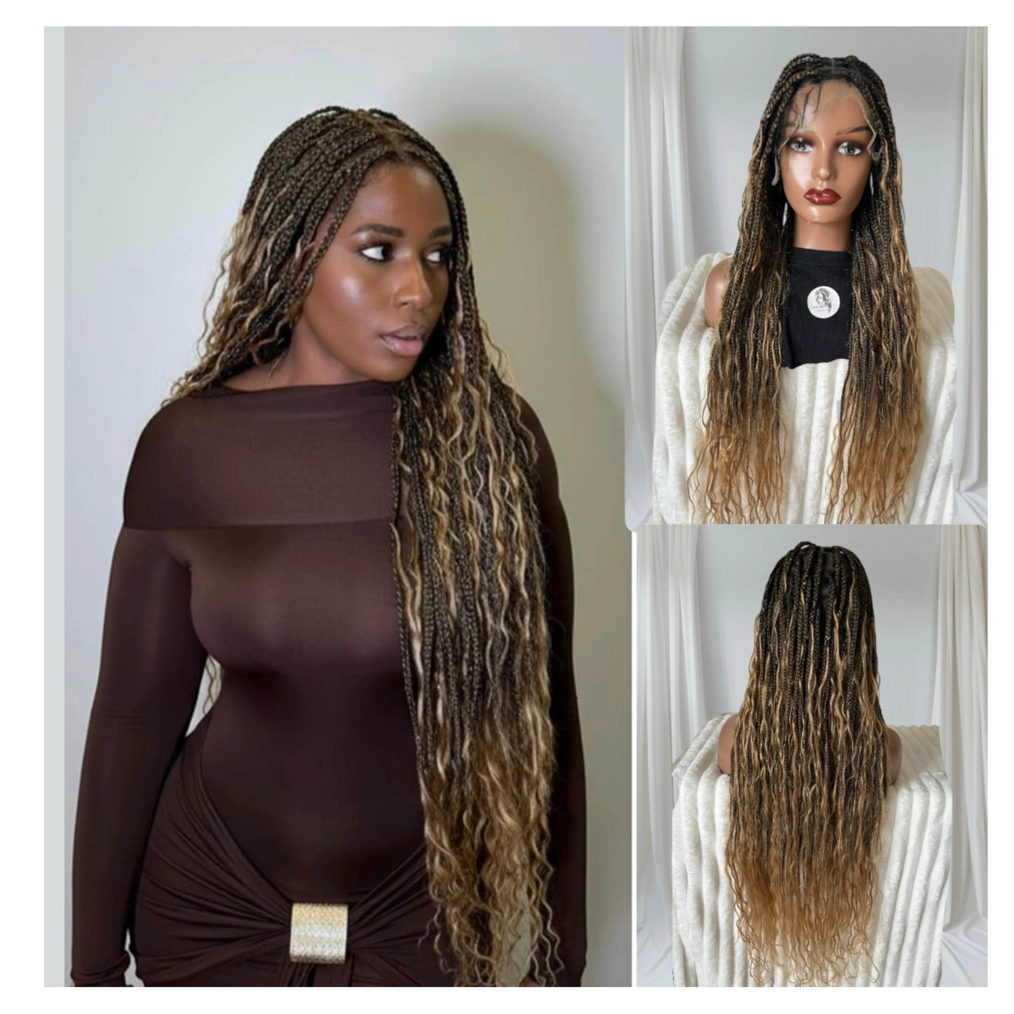 Peluca de Cabello Humano con Rizos Bohemios Atada a Mano de Encaje Completo HD - 36" Trenzas Sintéticas de Caja Pequeña Nivel Salón (100 Trenzas, Alta Densidad) Encaje Suizo HD Pre-Cortado