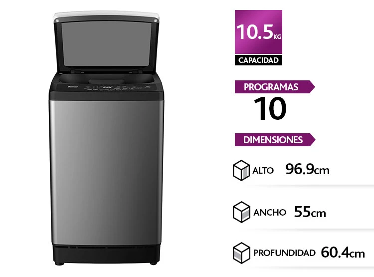 LAVARROPAS HISENSE 10.5 KG CARGA SUPERIOR COLOR TITANIUM WTJA1102T