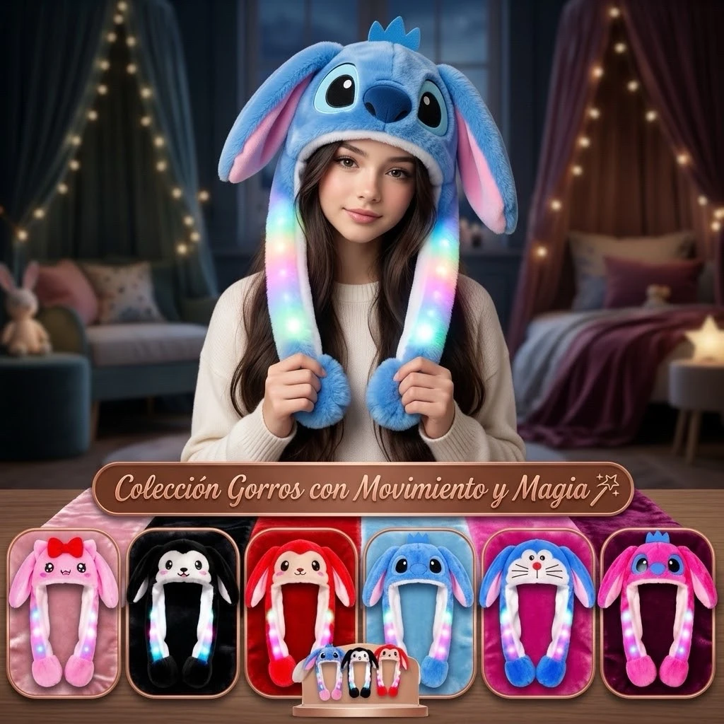 PAQUETE DE 6 GORROS CON LUZ  Y MOVIMIENTO DE OREJAS