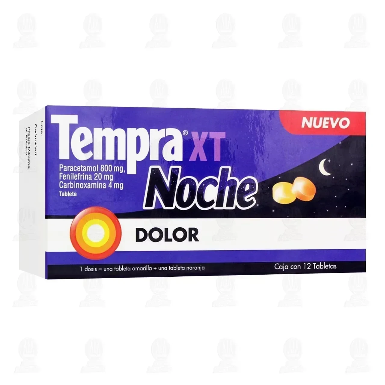 Tempra XT Noche 800mg/20mg/4 mg, 12 Tabletas (Paracetamol, Fenilefrina, Carbinoxamina) 