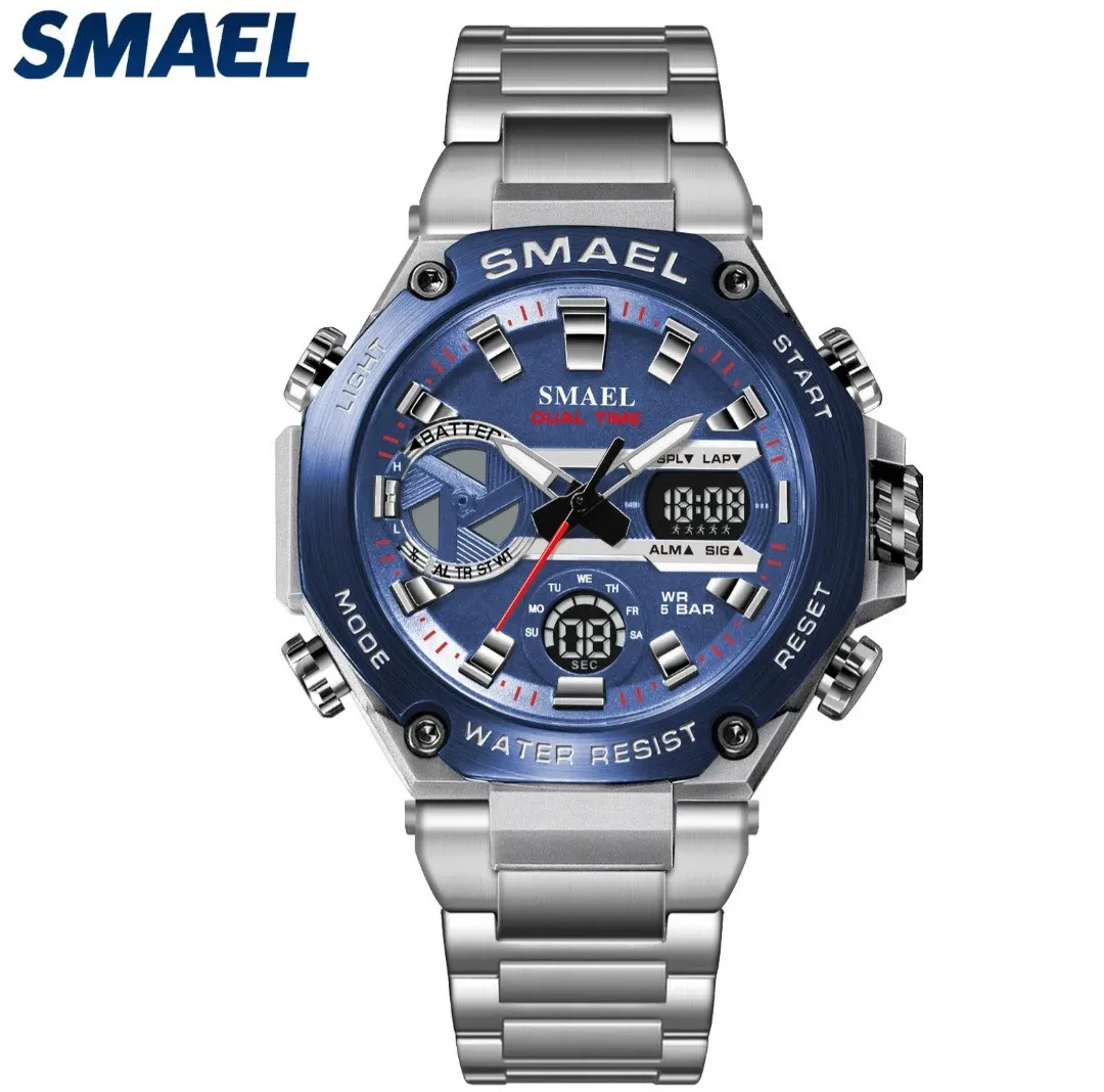 Reloj Smael Original Acero Doble Hora 8097 Sumergible Plateado Fondo Azul 4