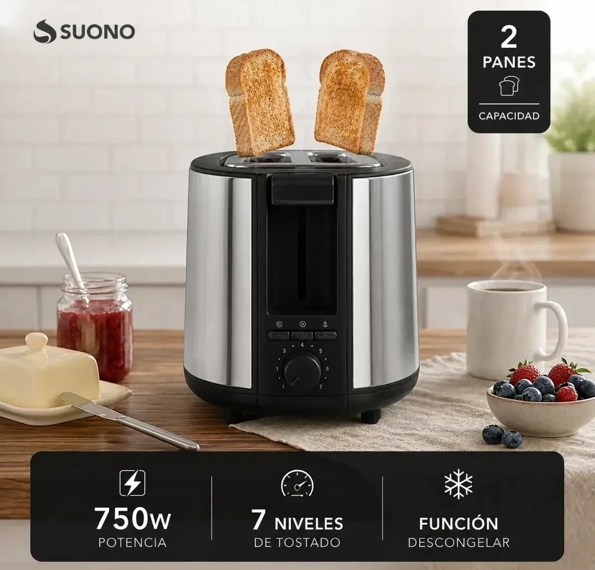 TOSTADORA ELECTRICA SUONO 2 REBANADAS 7 NIVELES 750W 2