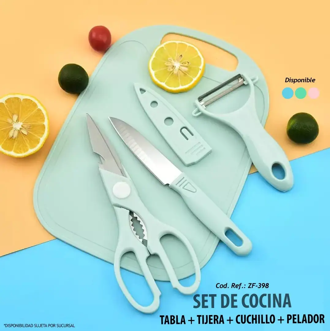 Set de Cocina Tabla + Tijera + Cuchillo + Pelador