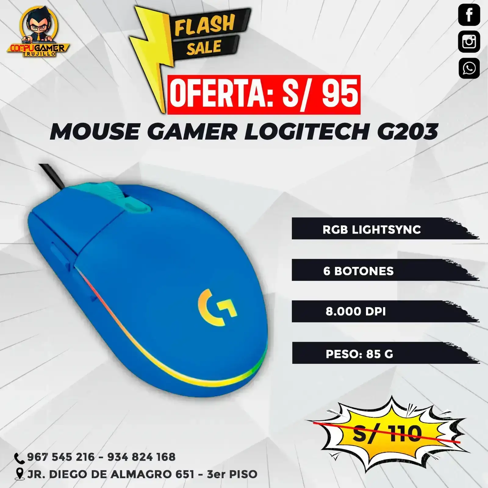 MOUSE GAMER LOGITECH G203 RGB LIGHTSYNC BLUE