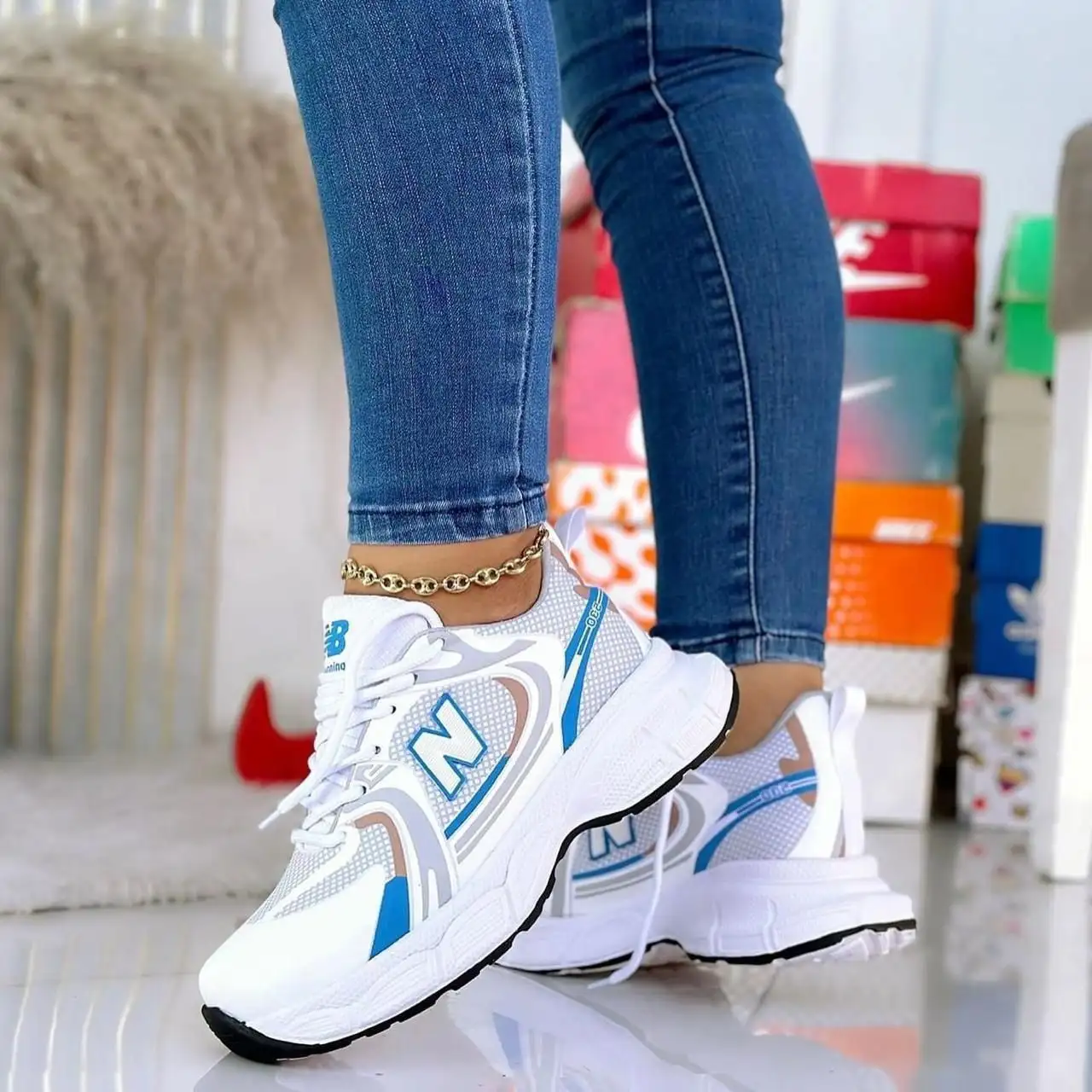 Tenis New Balance Burbuja blanco Azul Dama 