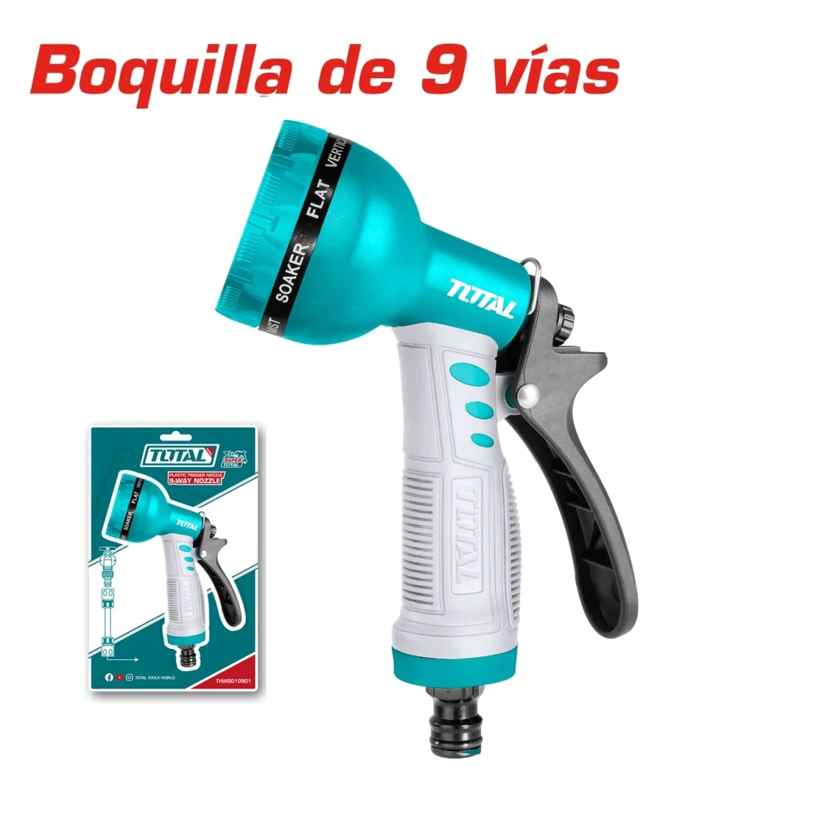 THWS010901-THHR20124 Pistola de riego 9 funciones + manguera 20mts + conectores total 4