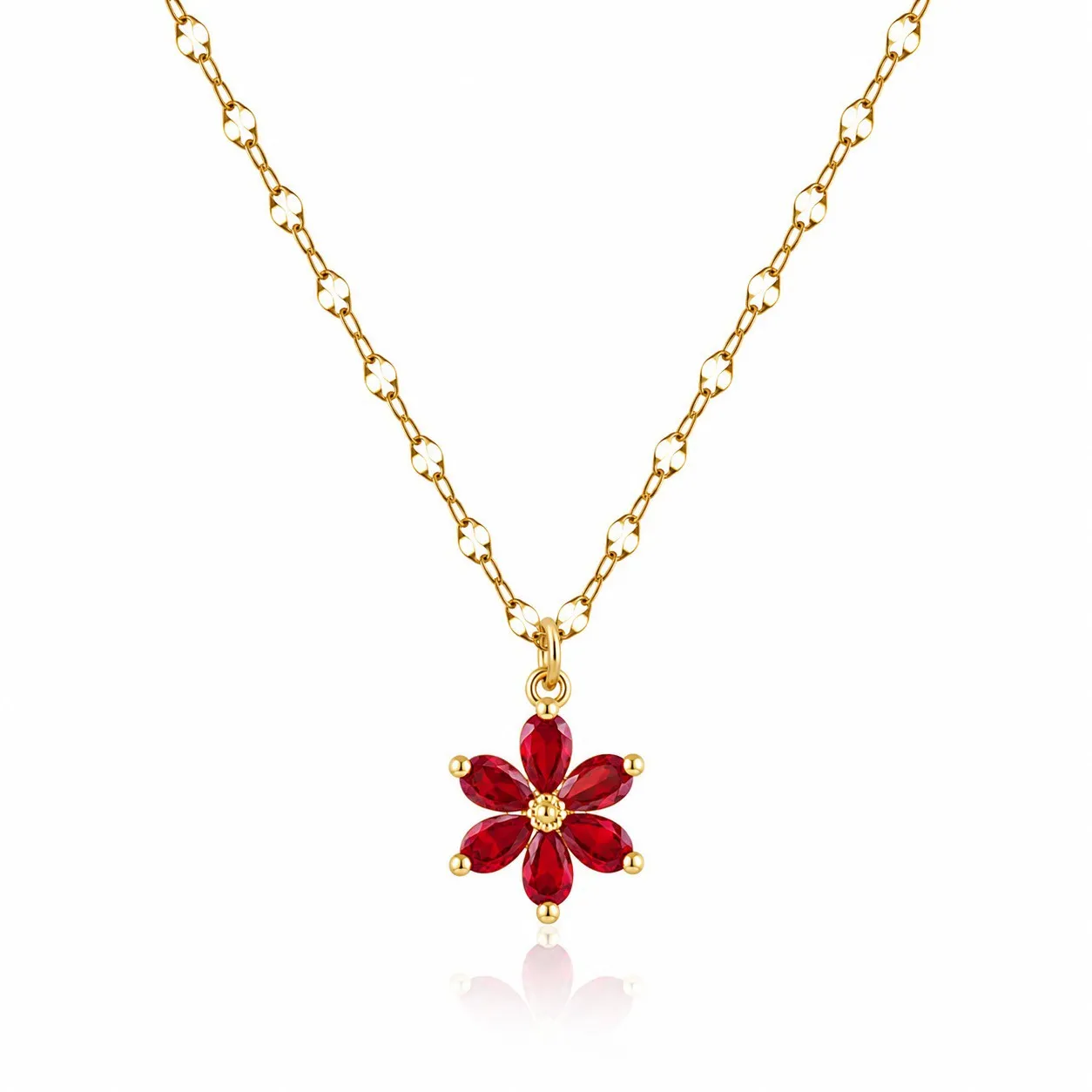 Cadena Y Dije En Acero Con Piedra Circon De Flor Roja Pequeña 