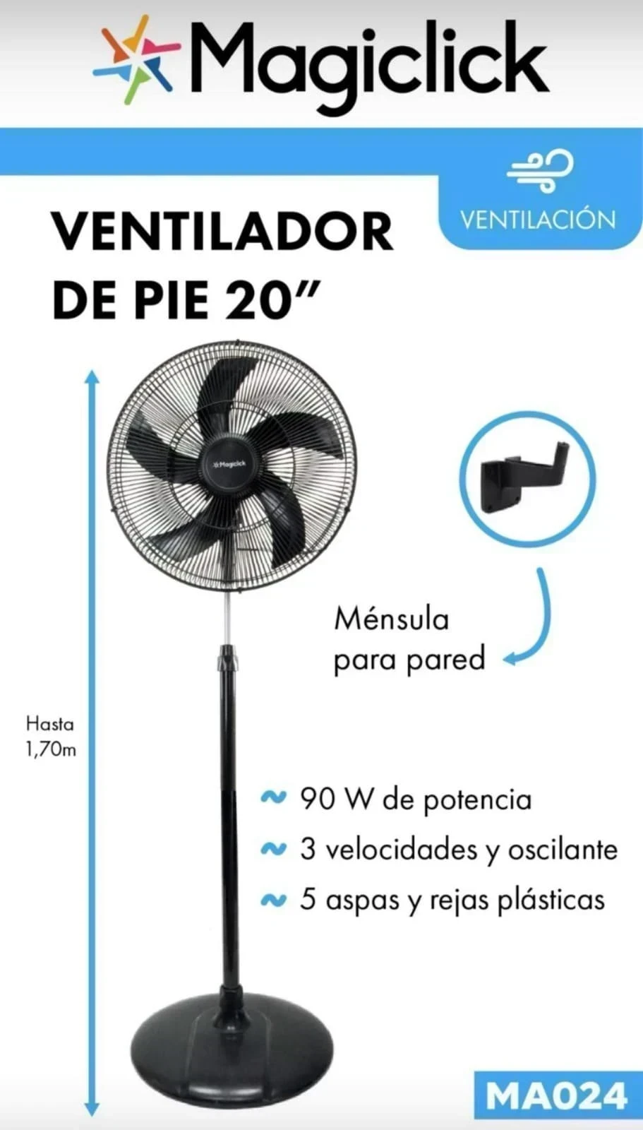 VENTILADOR MAGICLICK 20" PIE Y PARED 90W 