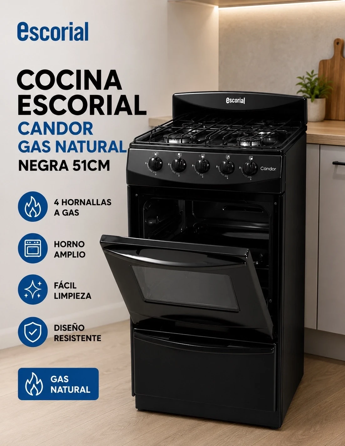 COCINA ESCORIAL CANDOR GAS NATURAL NEGRA 51CM 								